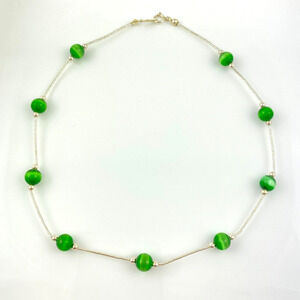 NWOT Sterling Silver 925 Green Simulated Tiger's Eye Bead Station Necklace 15.5"